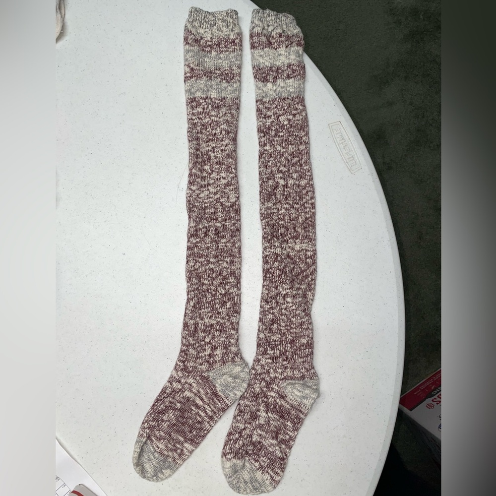 Burgundy Gray Knit Knee‎ High Boot Socks Winter Cozy
